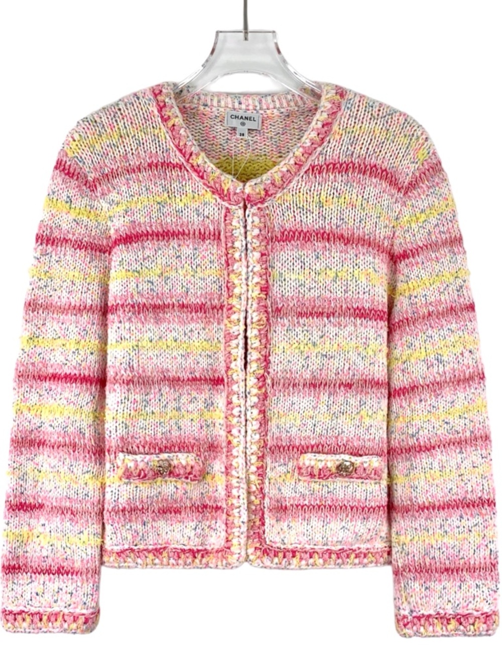 Chanel 24C Pink Striped Cotton Crew-Neck Long-Sleeve Knit Cardigan